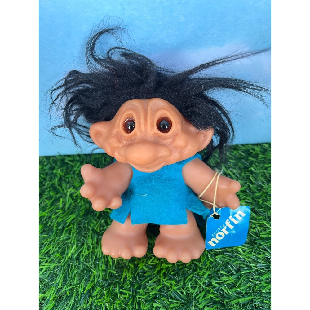 Vintage Norfin Troll Doll Thomas Dam Black Hair Amber Eyes Blue Outfit w Tag